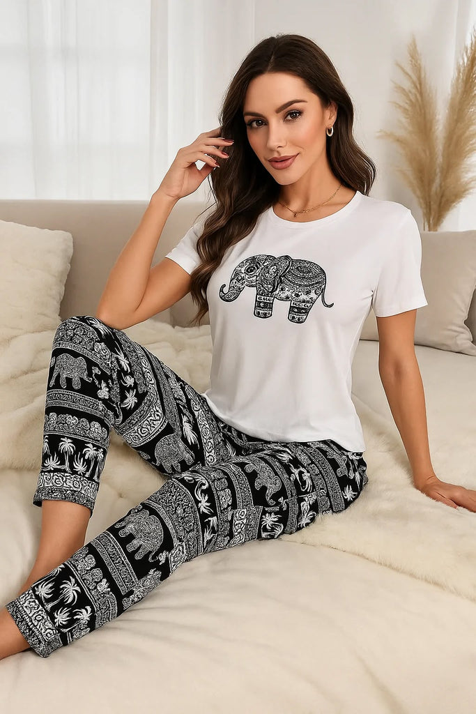 Elephant Patterned Paisley Print T Shirt Long Pajama CH-098