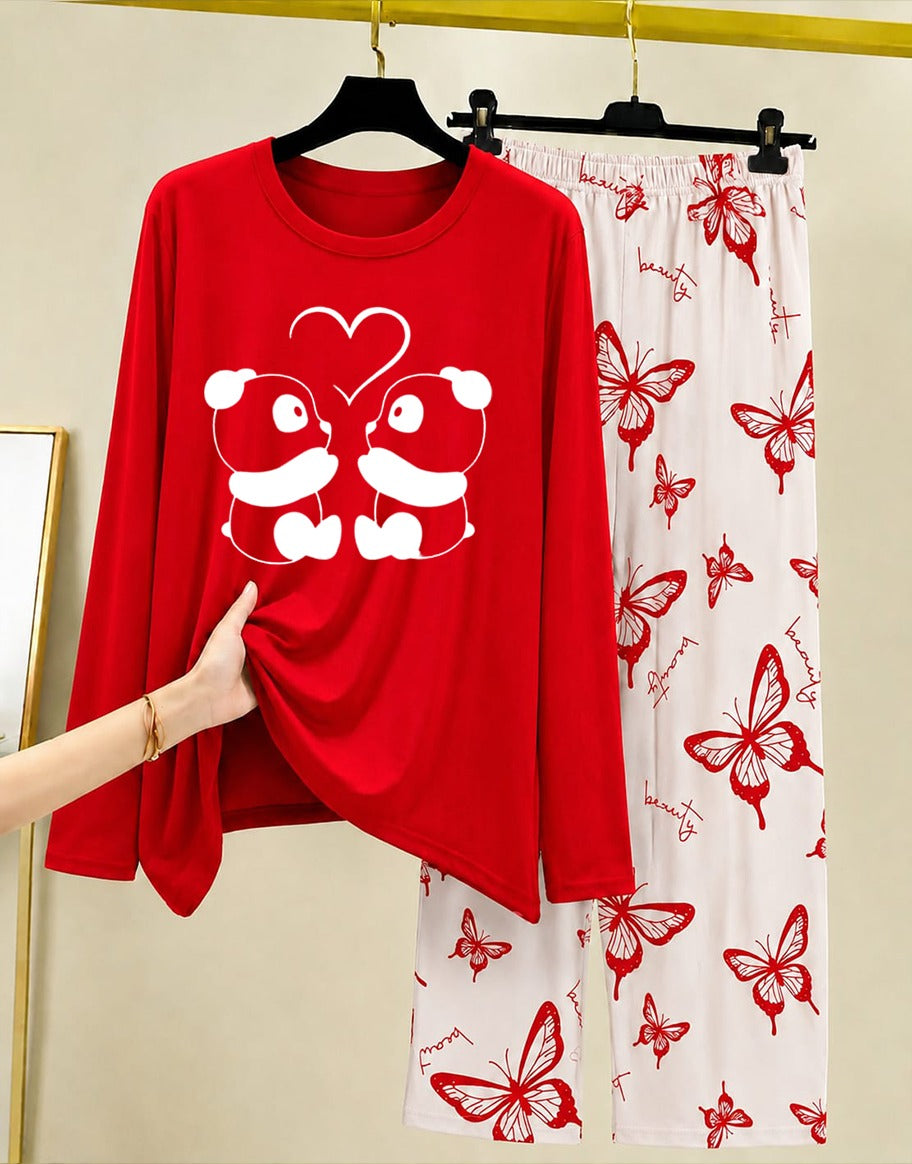 Red Princess Night Suit Women with Butterfly Print 009