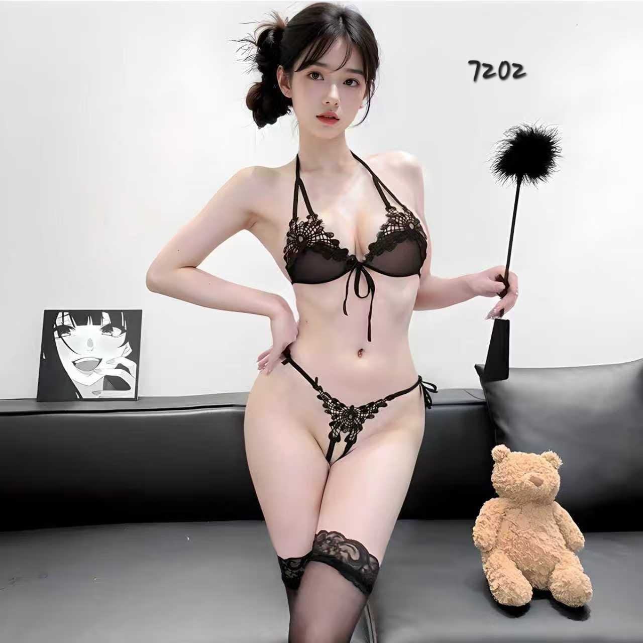 Hot Transparent Black Mesh Bra Panty Nightwear Set