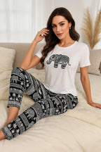 Elephant Patterned Paisley Print T Shirt Long Pajama CH-098