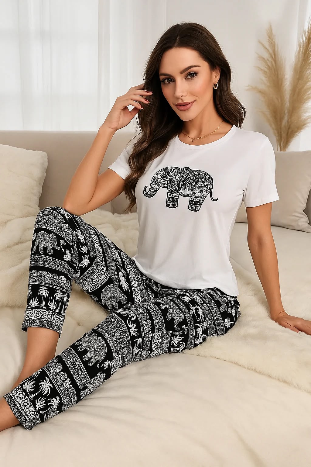 Elephant Patterned Paisley Print T Shirt Long Pajama CH-098