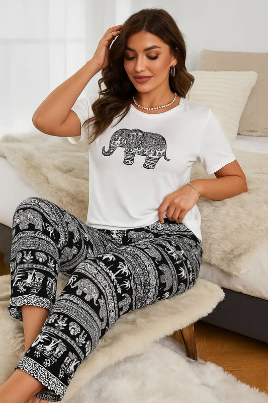 Elephant Patterned Paisley Print T Shirt Long Pajama CH-098