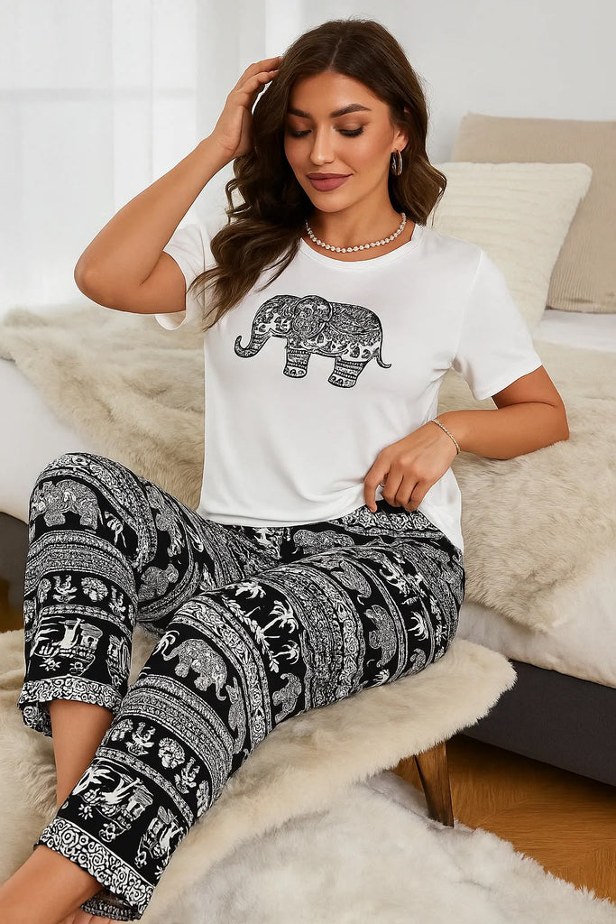 Elephant Patterned Paisley Print T Shirt Long Pajama CH-098