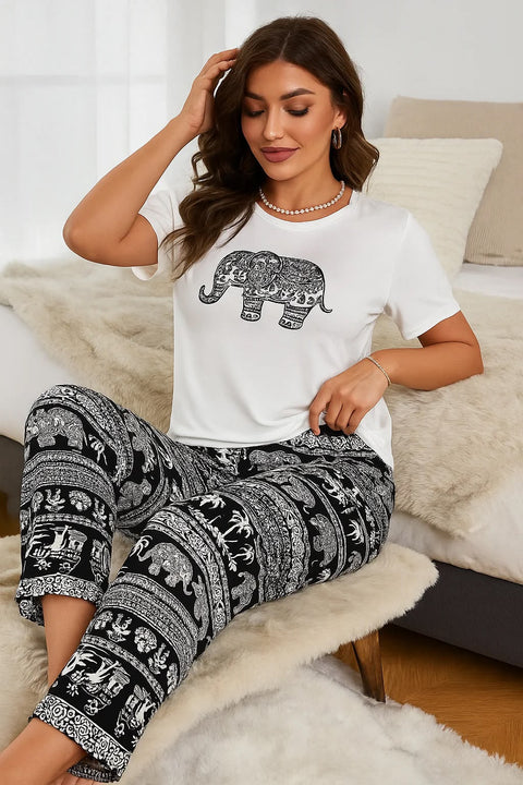 Elephant Patterned Paisley Print T Shirt Long Pajama CH-098