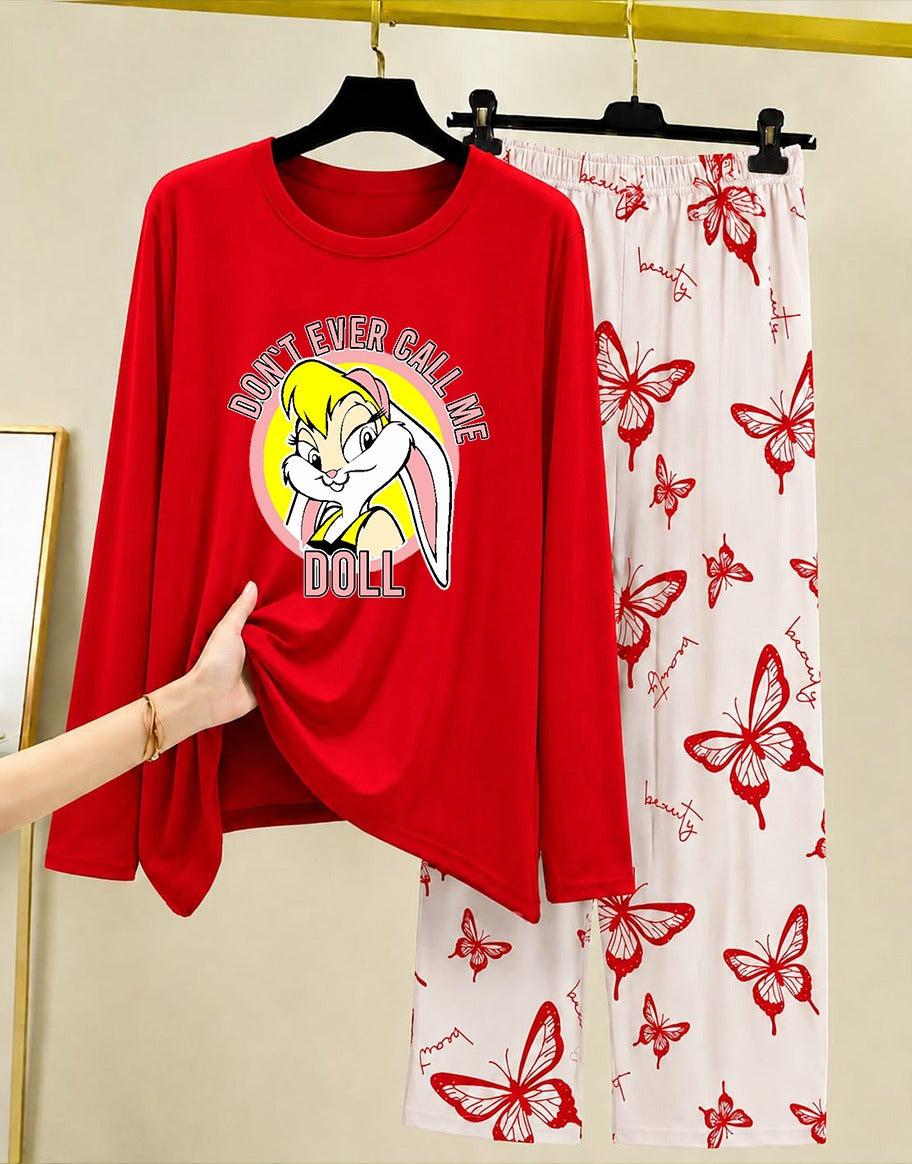 Red Princess Night Suit Women with Butterfly Print 009