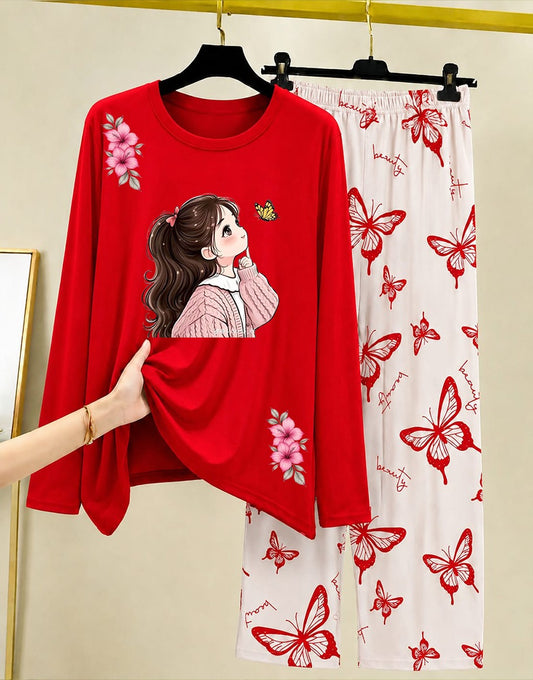 Red Princess Night Suit Women with Butterfly Print 009