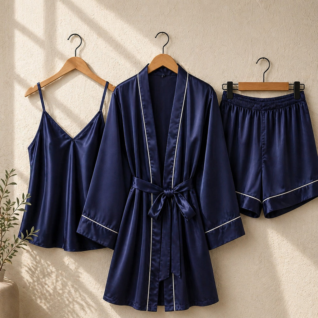 Satin Pajama Set with Robe, Camisole, and Shorts CH -011