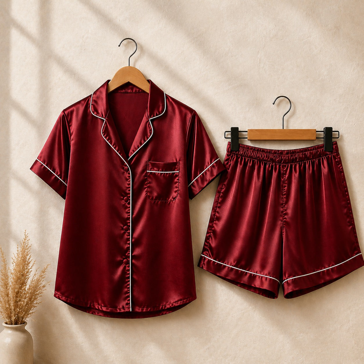 The Bordeaux Satin Short Set CH- 009