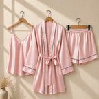 Satin Pajama Set with Robe, Camisole, and Shorts CH -011