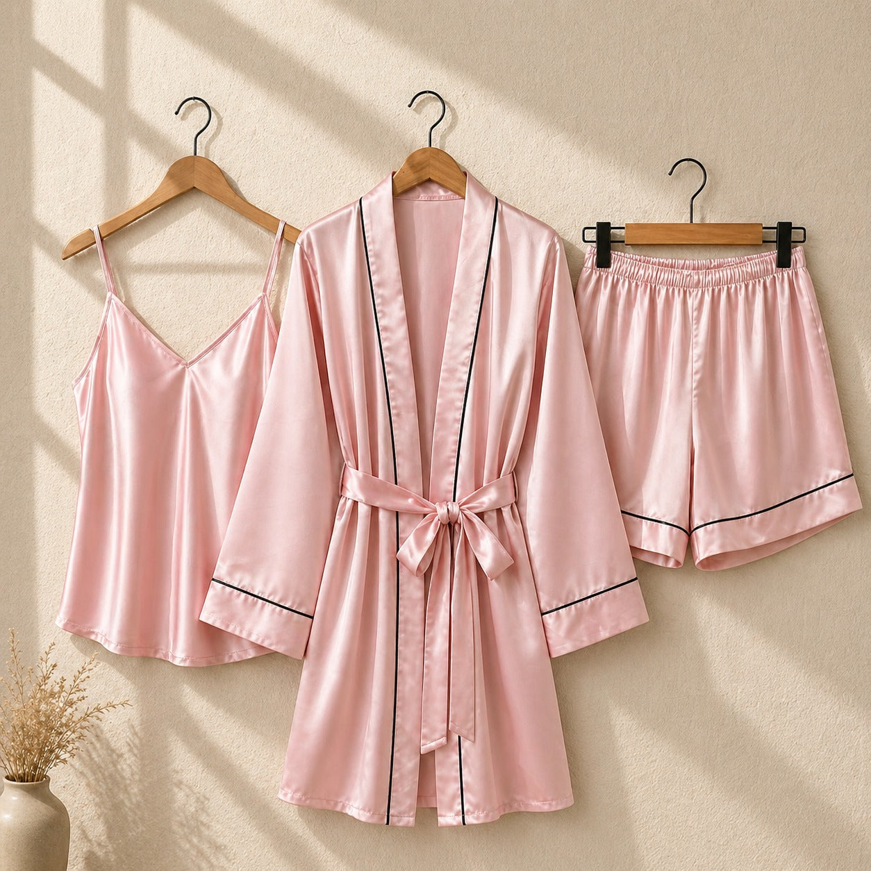 Satin Pajama Set with Robe, Camisole, and Shorts CH -011