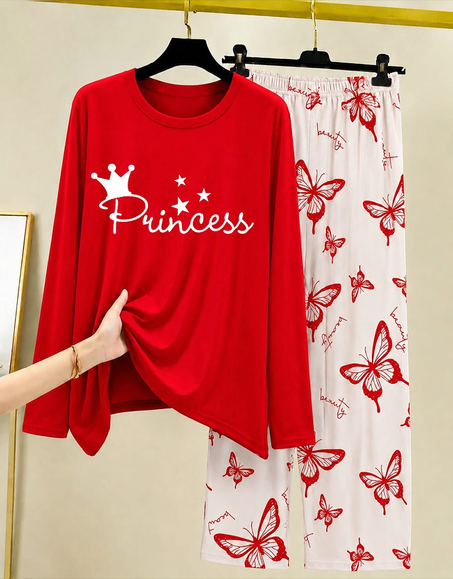 Red Princess Night Suit Women with Butterfly Print 009
