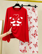 Red Princess Night Suit Women with Butterfly Print 009