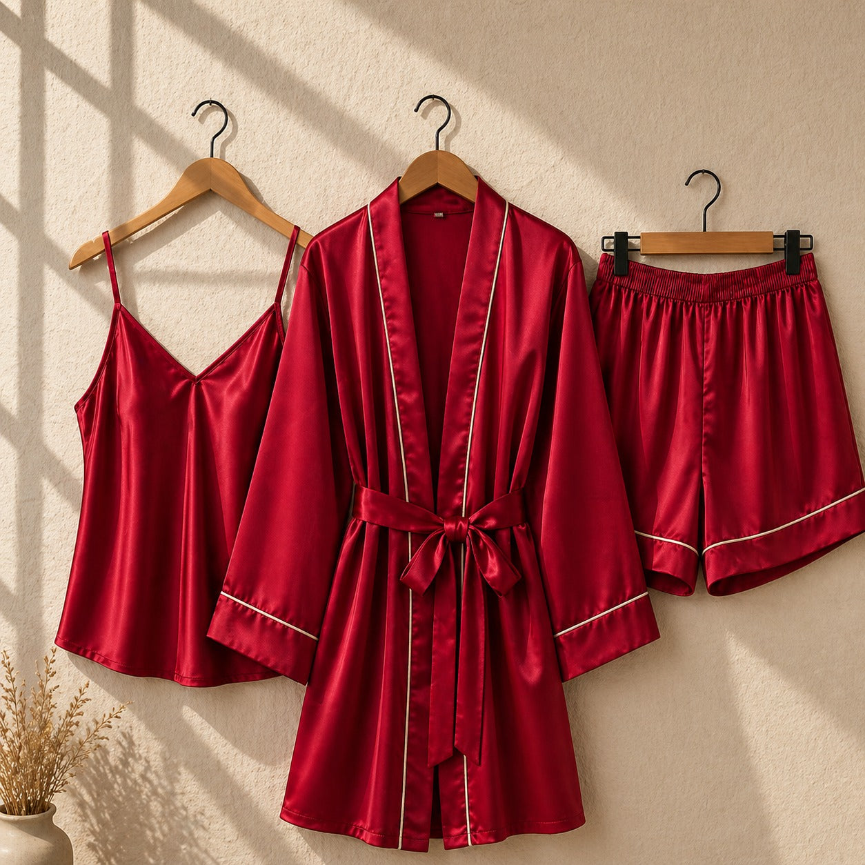 Satin Pajama Set with Robe, Camisole, and Shorts CH -011