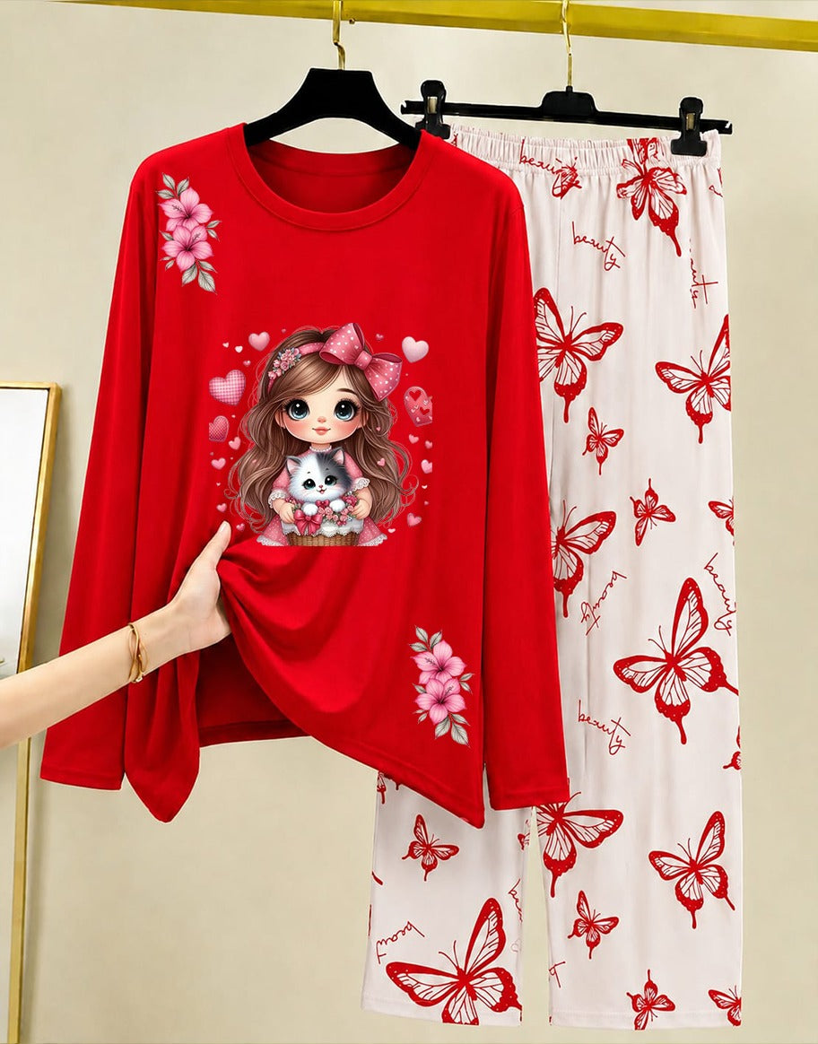 Red Princess Night Suit Women with Butterfly Print 009
