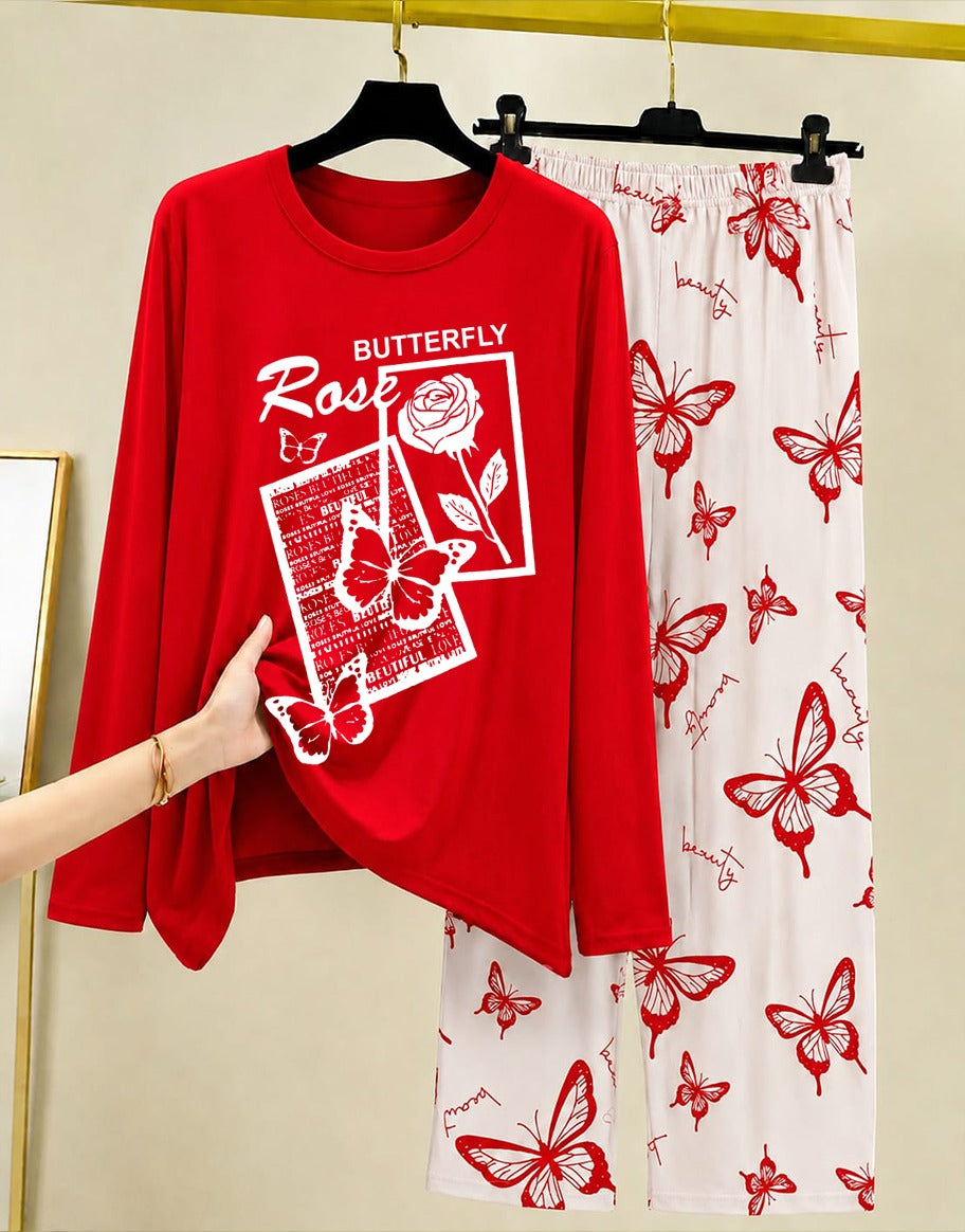 Red Princess Night Suit Women with Butterfly Print 009