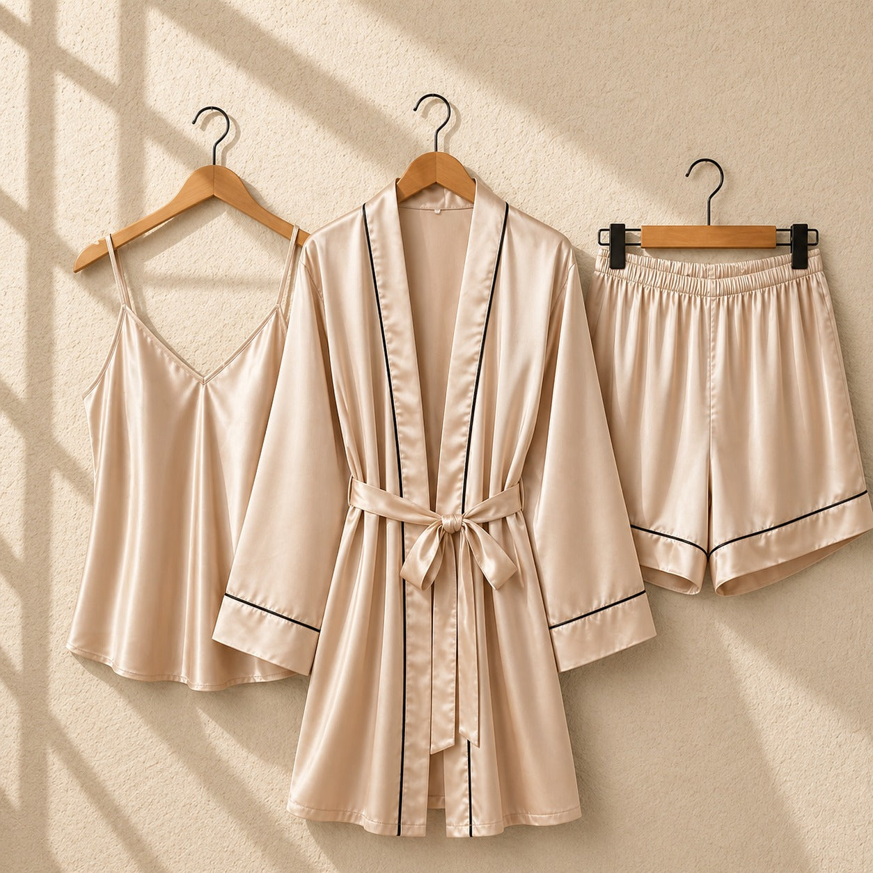 Satin Pajama Set with Robe, Camisole, and Shorts CH -011