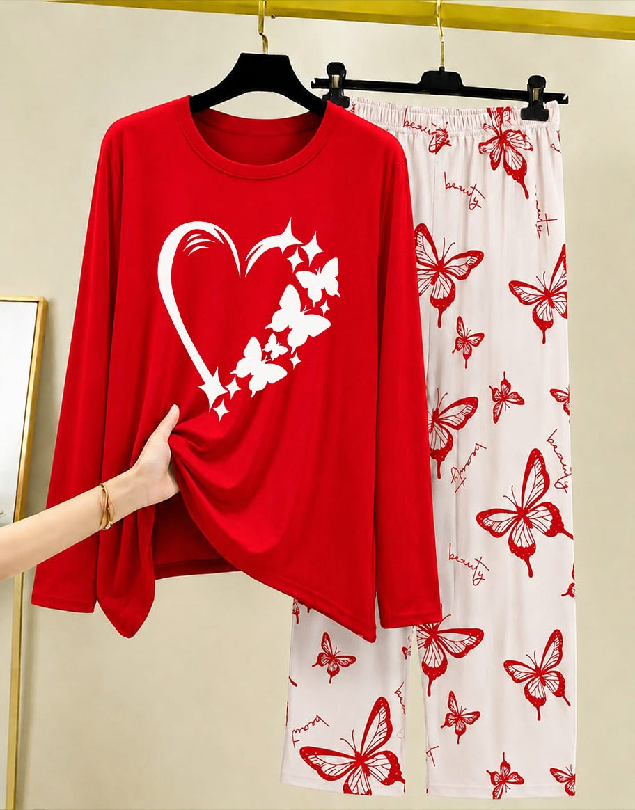Red Princess Night Suit Women with Butterfly Print 009