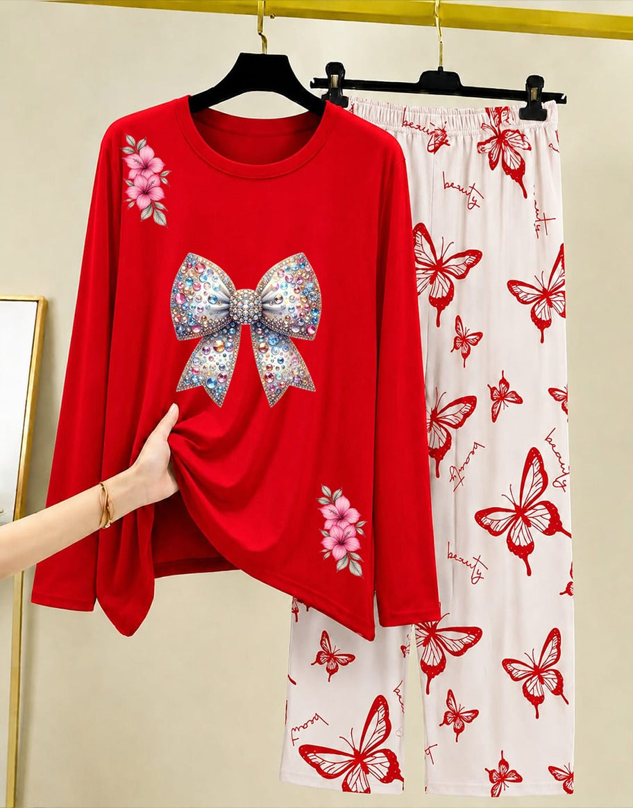 Red Princess Night Suit Women with Butterfly Print 009