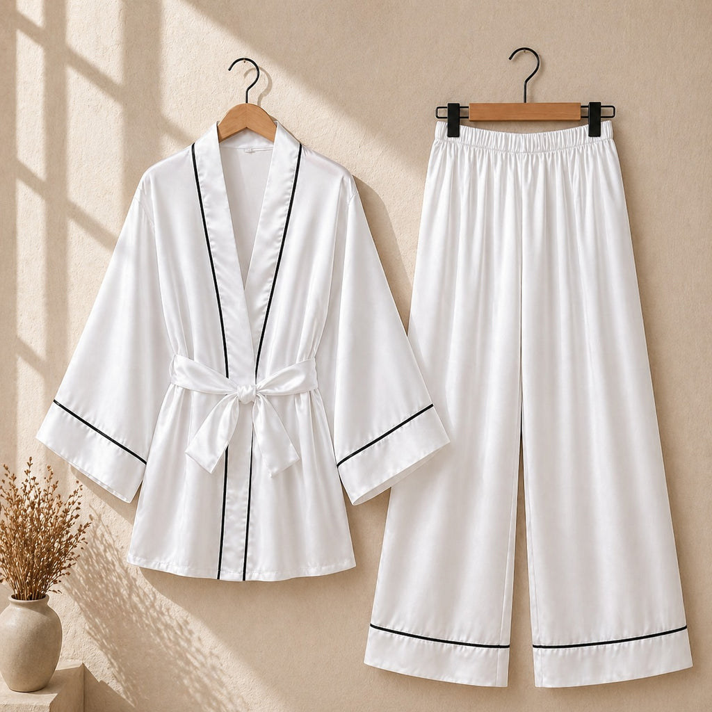 Classic White Piping Satin Sleepwear Duo CH- 010