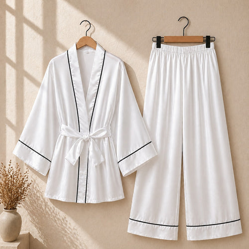 Classic White Piping Satin Sleepwear Duo CH- 010